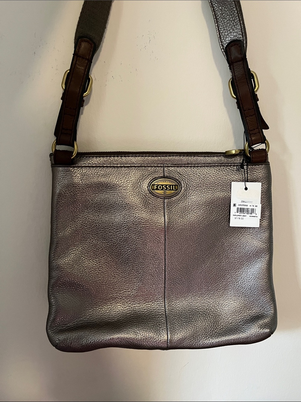 Fossil Metallic Pewter Crossbody Bag with Brown Strap
